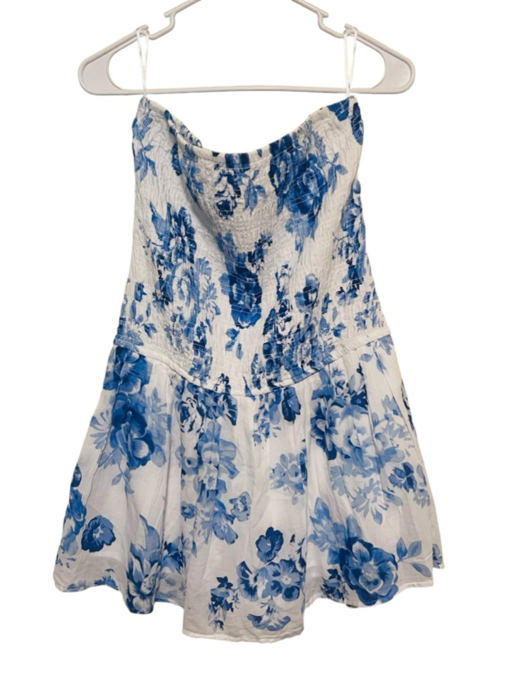 Hollister Floral Smocked Strapless Mini Dress Large Blue White Pockets Lined